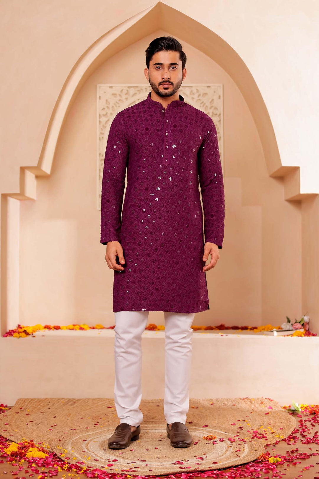 Wine Chikankari Embroidered Kurta Suit.