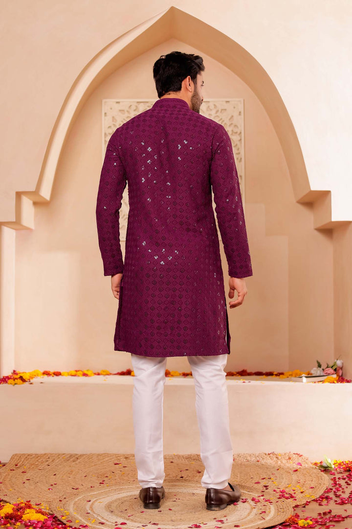 Wine Chikankari Embroidered Kurta Suit.