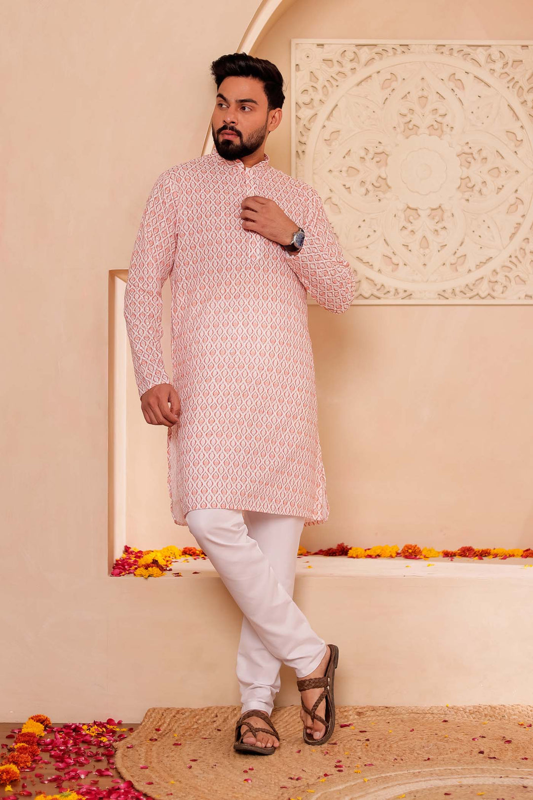 Rust Lucknowi Digital Print Kurta Suit with Sequin work all over.