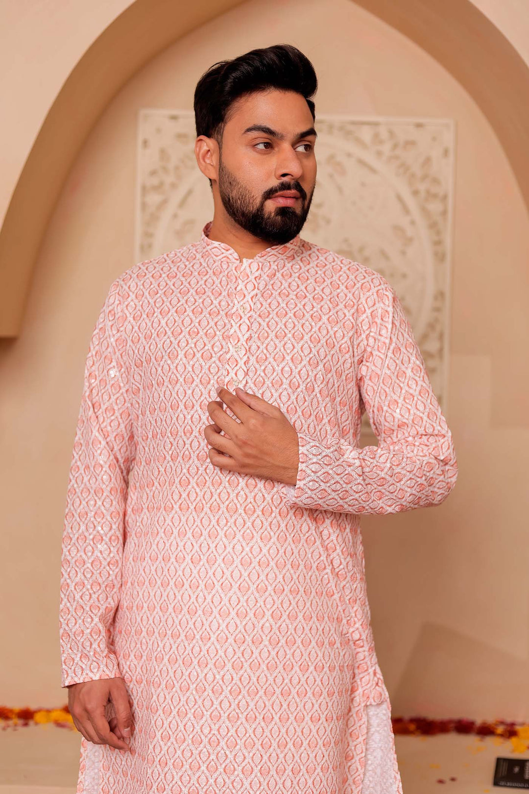 Rust Lucknowi Digital Print Kurta Suit with Sequin work all over.