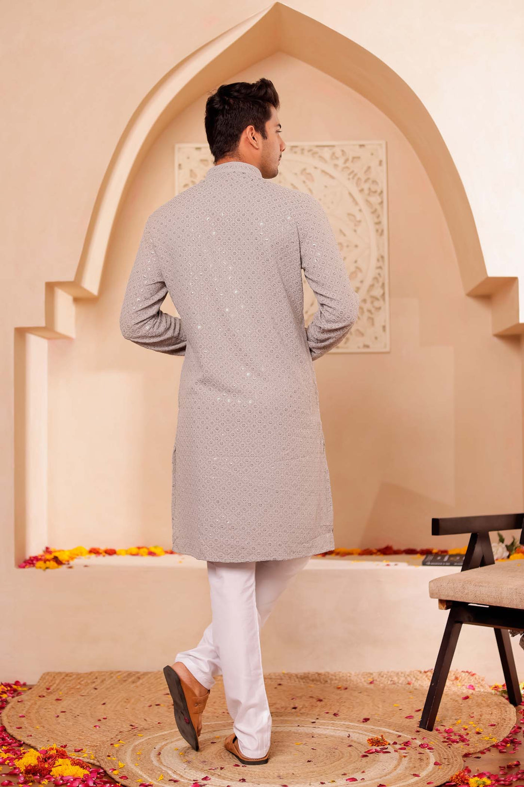 Grey Chikankari Embroidered Kurta Suit.