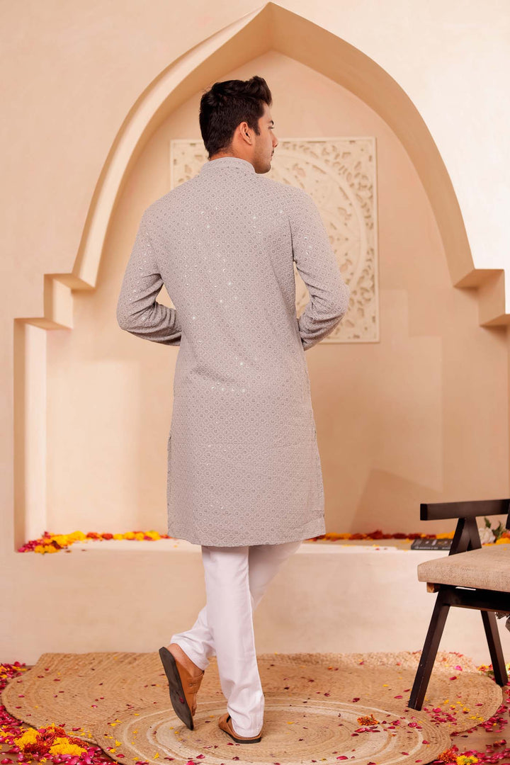Grey Chikankari Embroidered Kurta Suit.