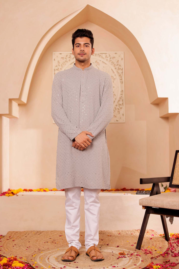 Grey Chikankari Embroidered Kurta Suit.