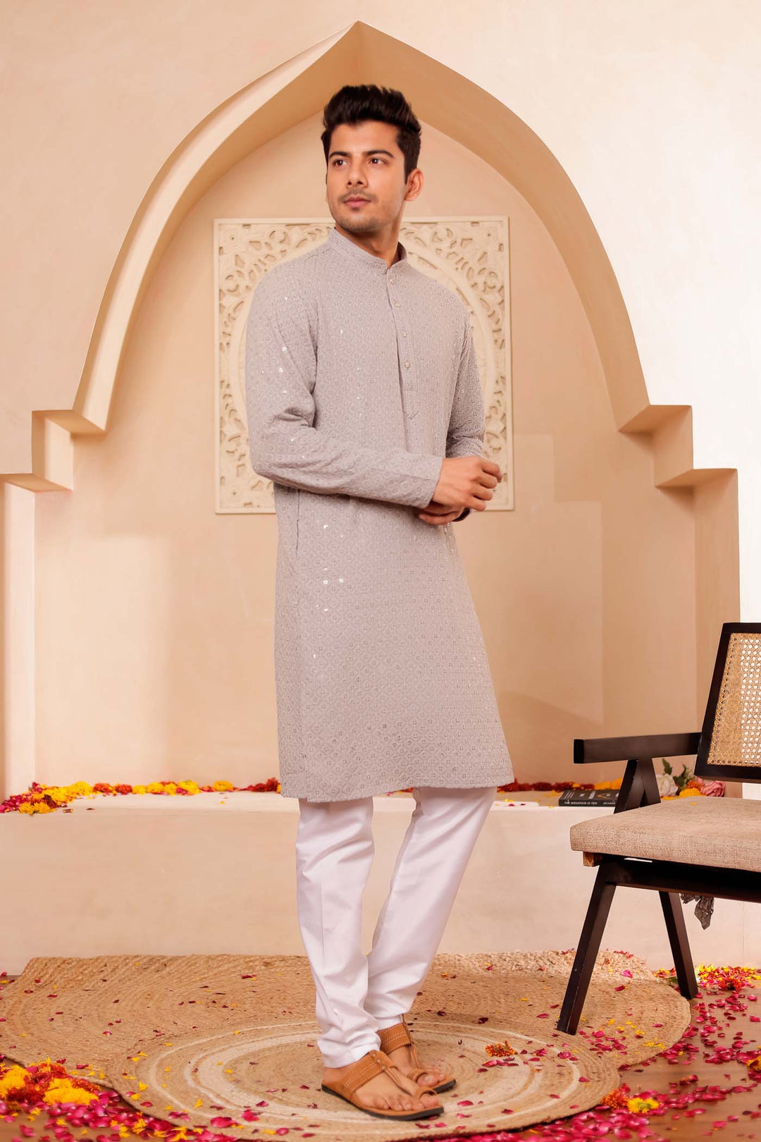 Grey Chikankari Embroidered Kurta Suit.