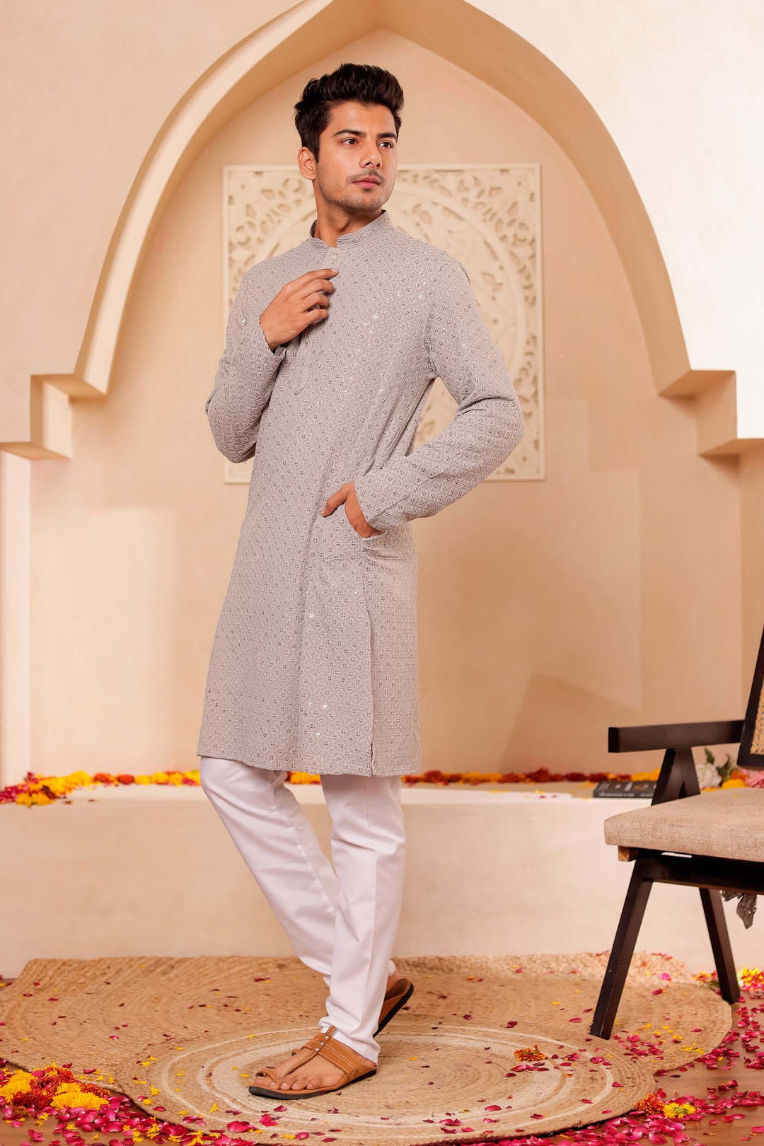 Grey Chikankari Embroidered Kurta Suit.