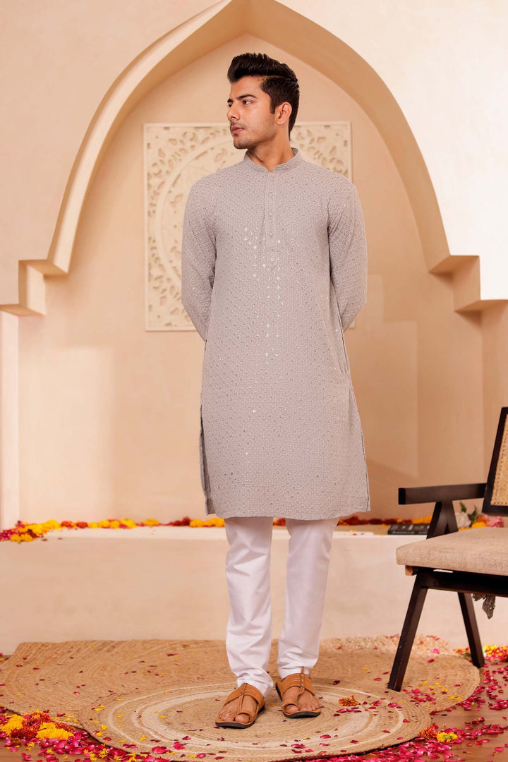 Grey Chikankari Embroidered Kurta Suit.