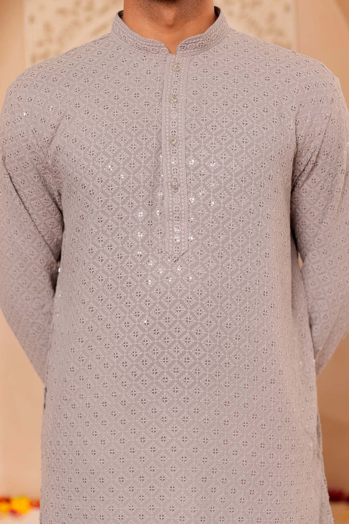 Grey Chikankari Embroidered Kurta Suit.