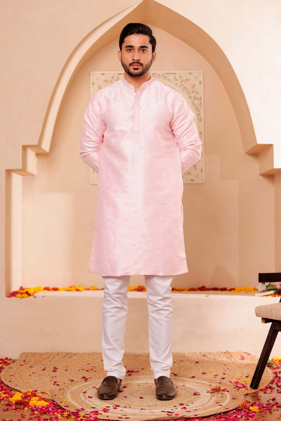 Pink Silk Kurta Suit with Thread Embroidery on Neckline.