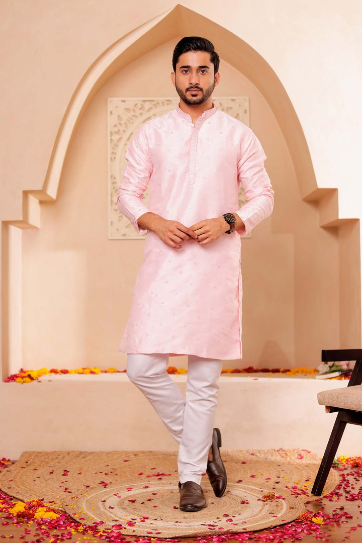 Pink Silk Kurta Suit with Thread Embroidery on Neckline.