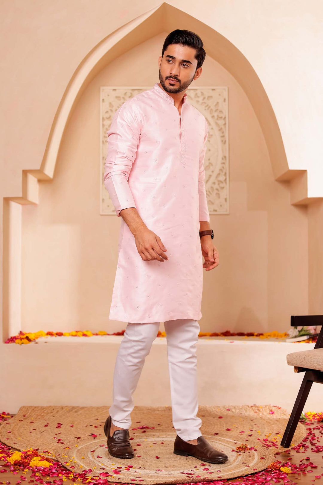 Pink Silk Kurta Suit with Thread Embroidery on Neckline.