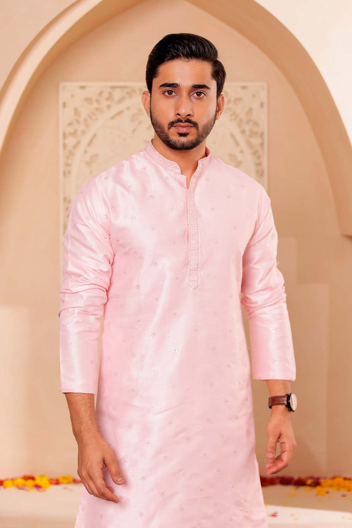Pink Silk Kurta Suit with Thread Embroidery on Neckline.