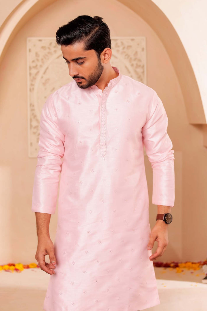 Pink Silk Kurta Suit with Thread Embroidery on Neckline.