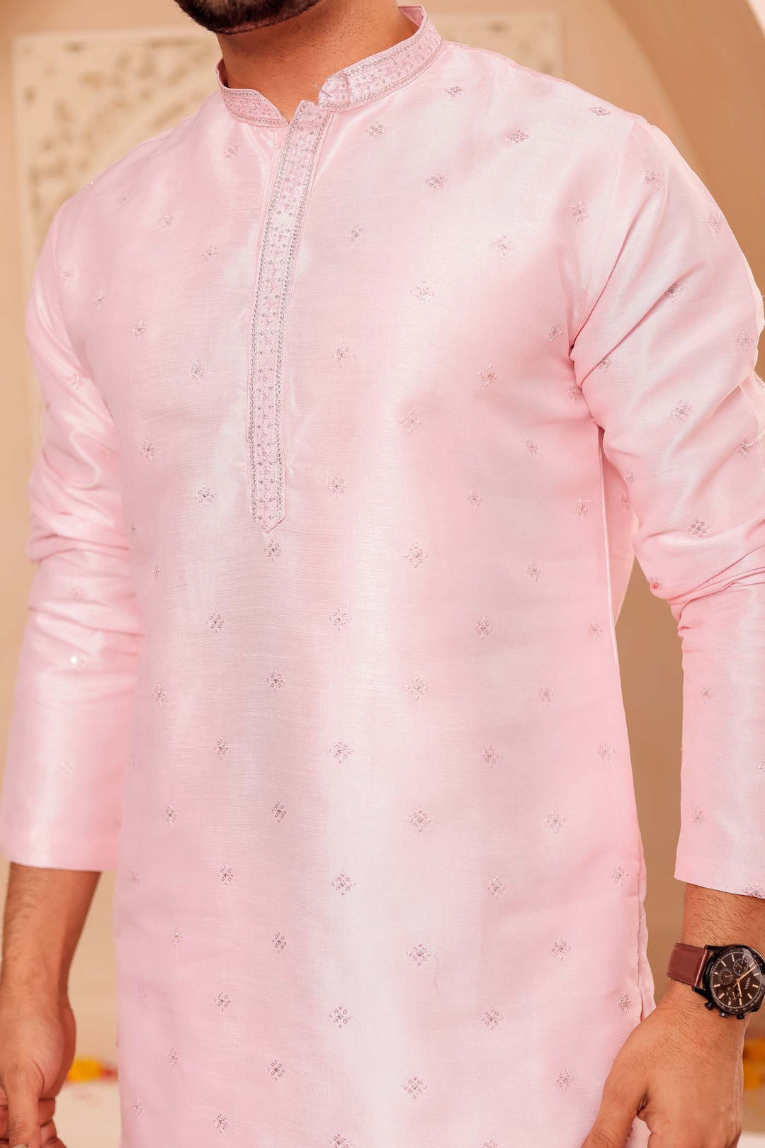 Pink Silk Kurta Suit with Thread Embroidery on Neckline.