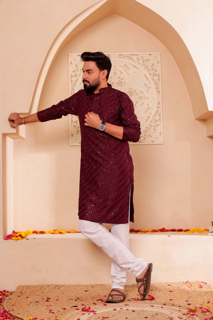 Wine Chikankari Embroidered Kurta Suit with Sequin.