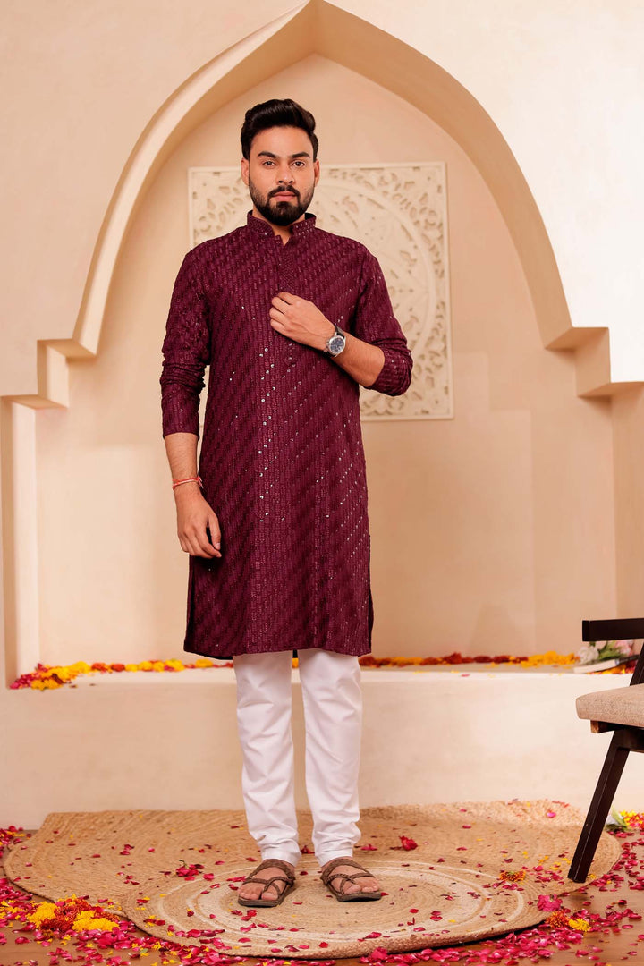 Wine Chikankari Embroidered Kurta Suit with Sequin.