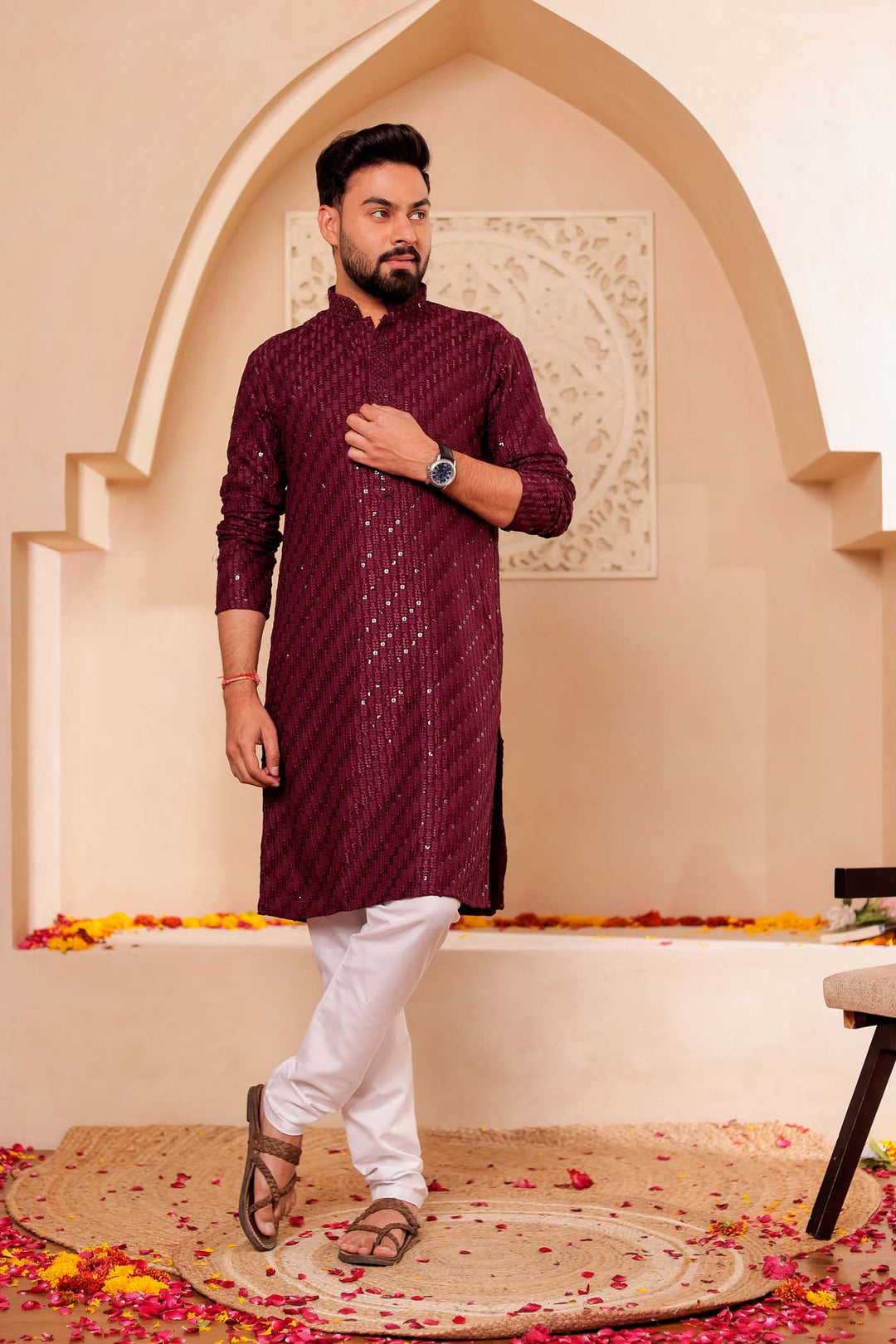 Wine Chikankari Embroidered Kurta Suit with Sequin.