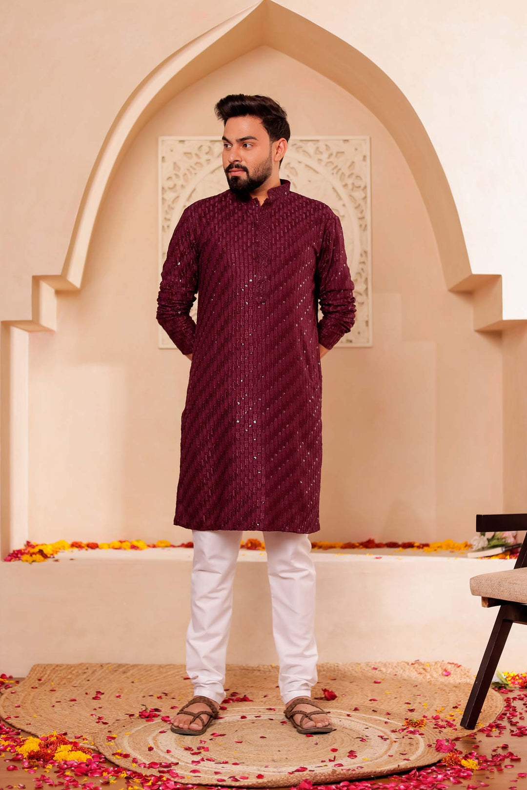 Wine Chikankari Embroidered Kurta Suit with Sequin.