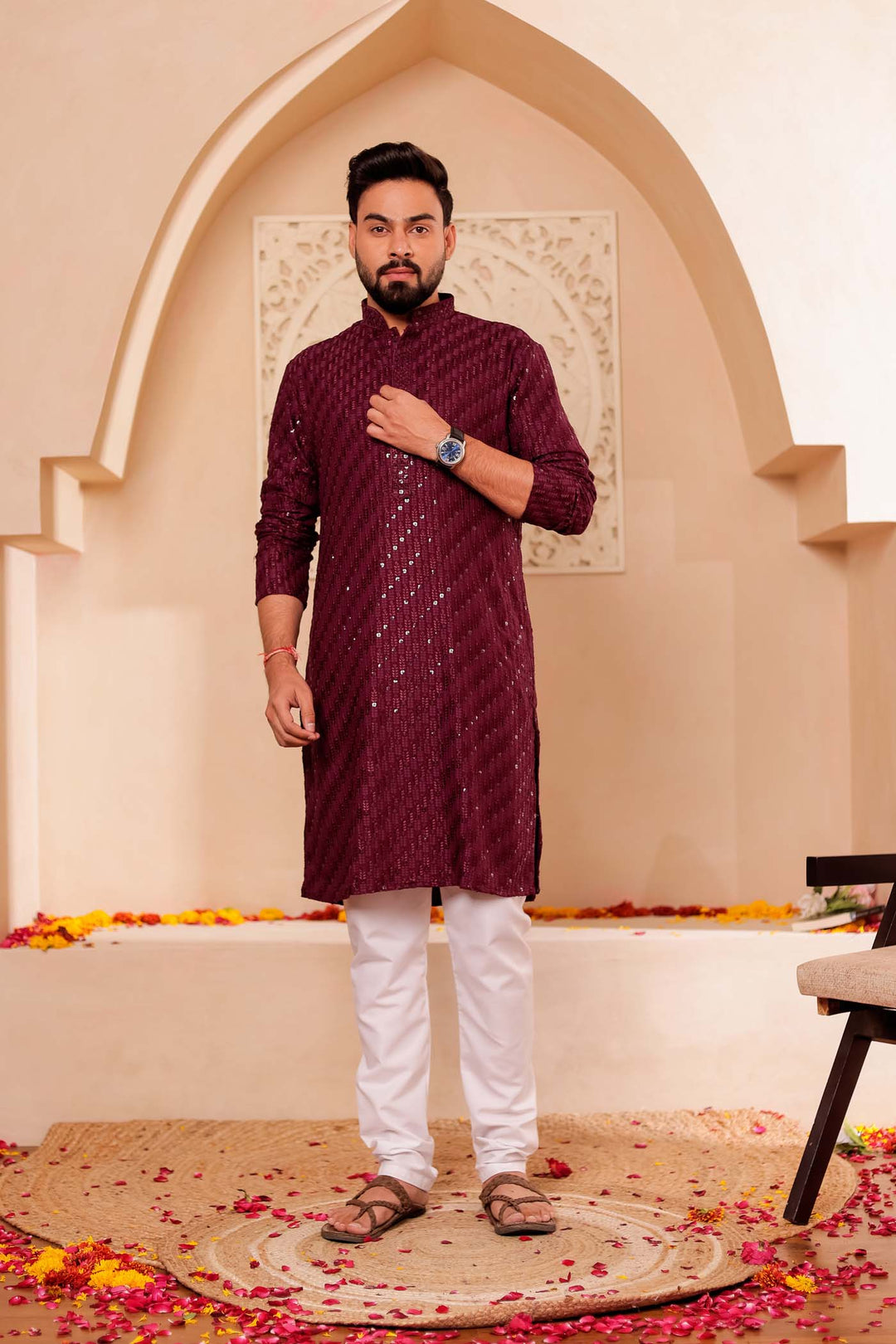 Wine Chikankari Embroidered Kurta Suit with Sequin.