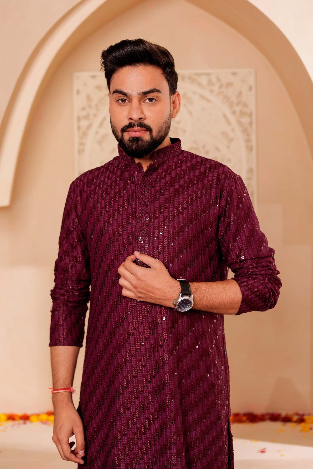 Wine Chikankari Embroidered Kurta Suit with Sequin.