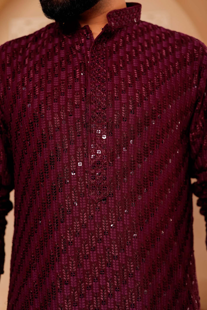 Wine Chikankari Embroidered Kurta Suit with Sequin.