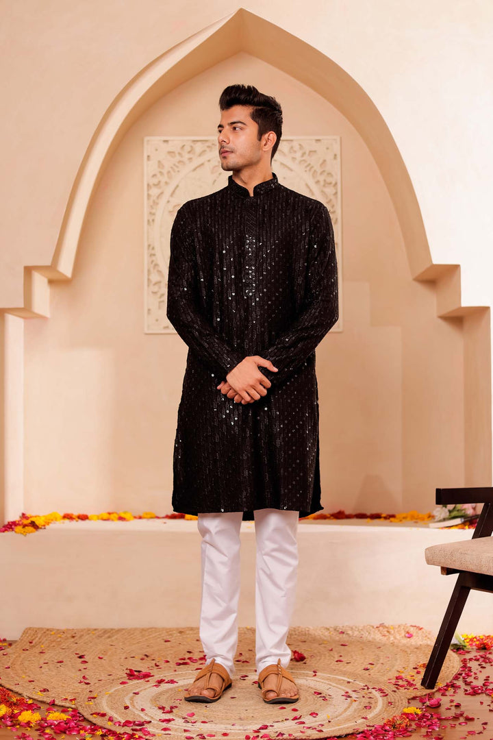 Black Chikankari Embroidered Kurta Suit with Sequin.