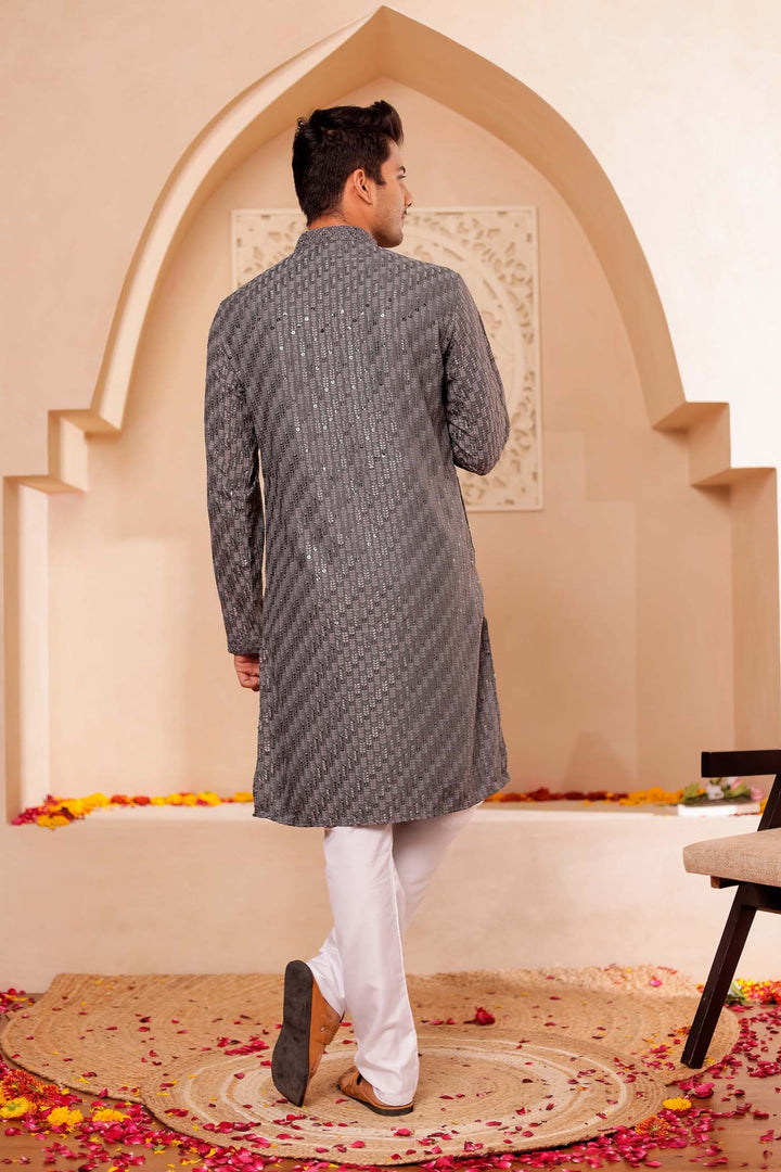 Grey Chikankari Embroidered Kurta Suit with Sequin.