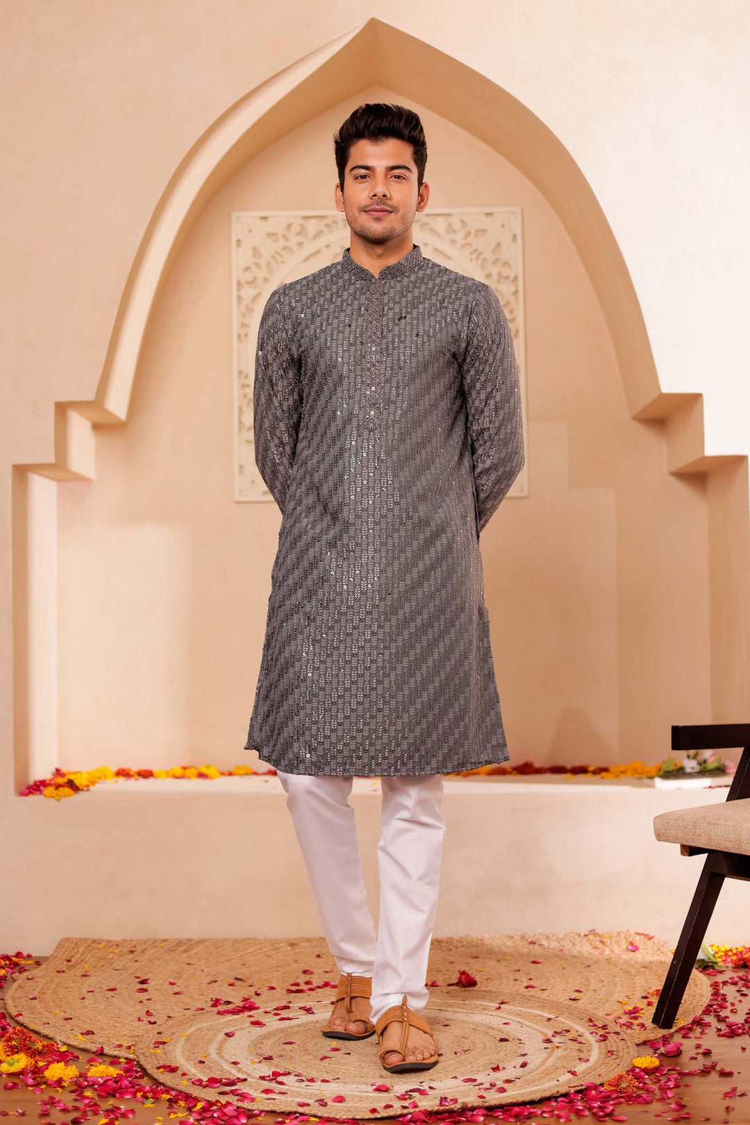 Grey Chikankari Embroidered Kurta Suit with Sequin.