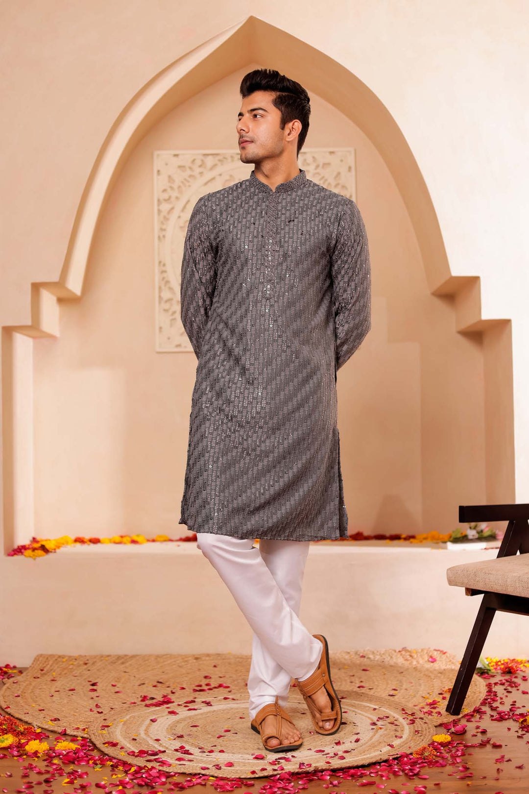 Grey Chikankari Embroidered Kurta Suit with Sequin.