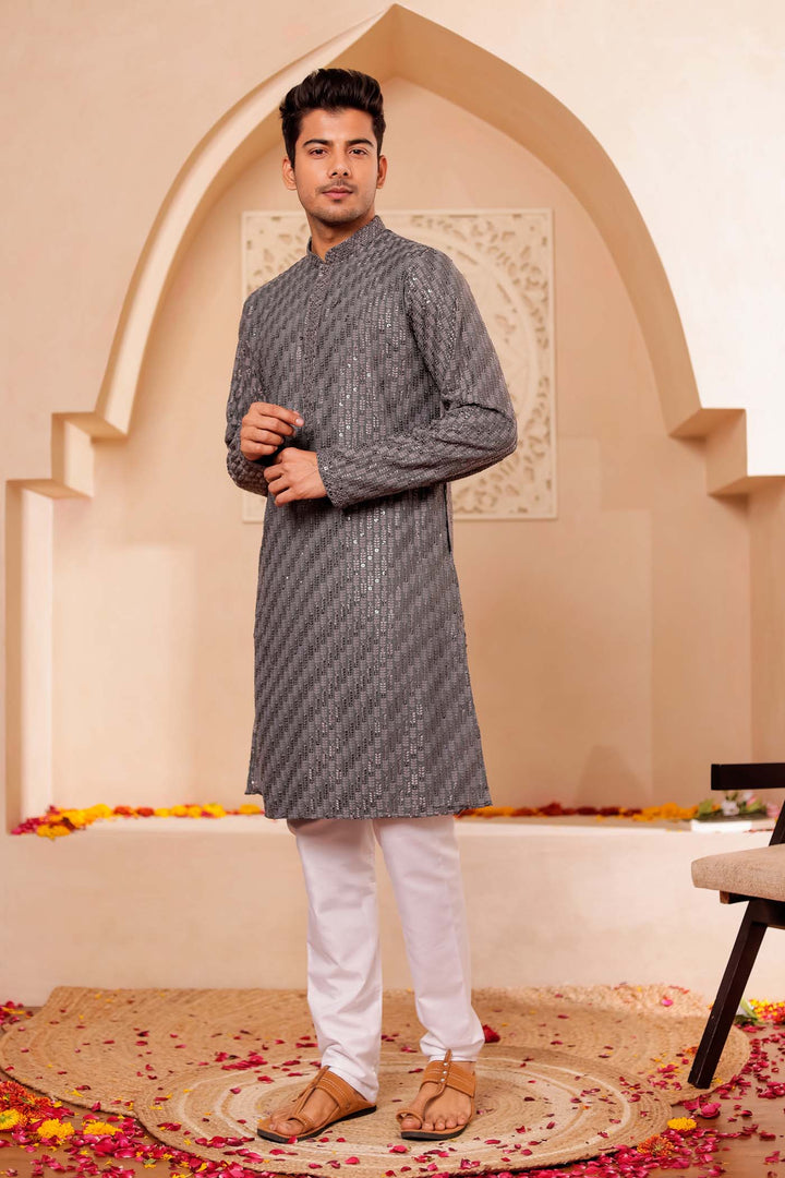 Grey Chikankari Embroidered Kurta Suit with Sequin.