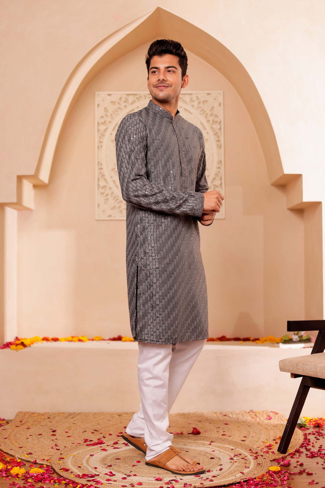 Grey Chikankari Embroidered Kurta Suit with Sequin.
