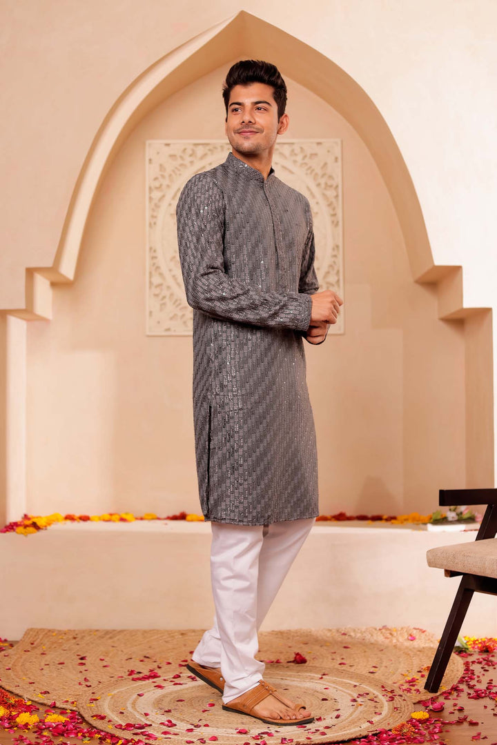 Grey Chikankari Embroidered Kurta Suit with Sequin.