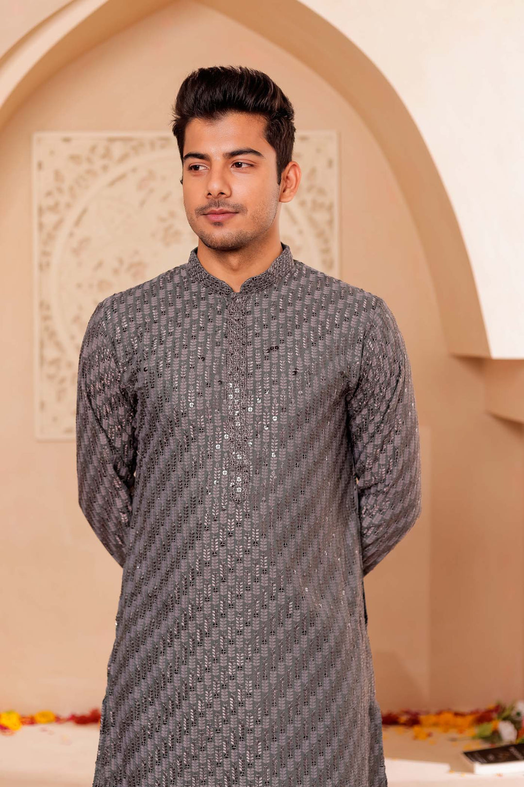 Grey Chikankari Embroidered Kurta Suit with Sequin.