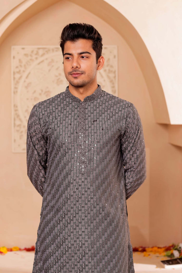Grey Chikankari Embroidered Kurta Suit with Sequin.
