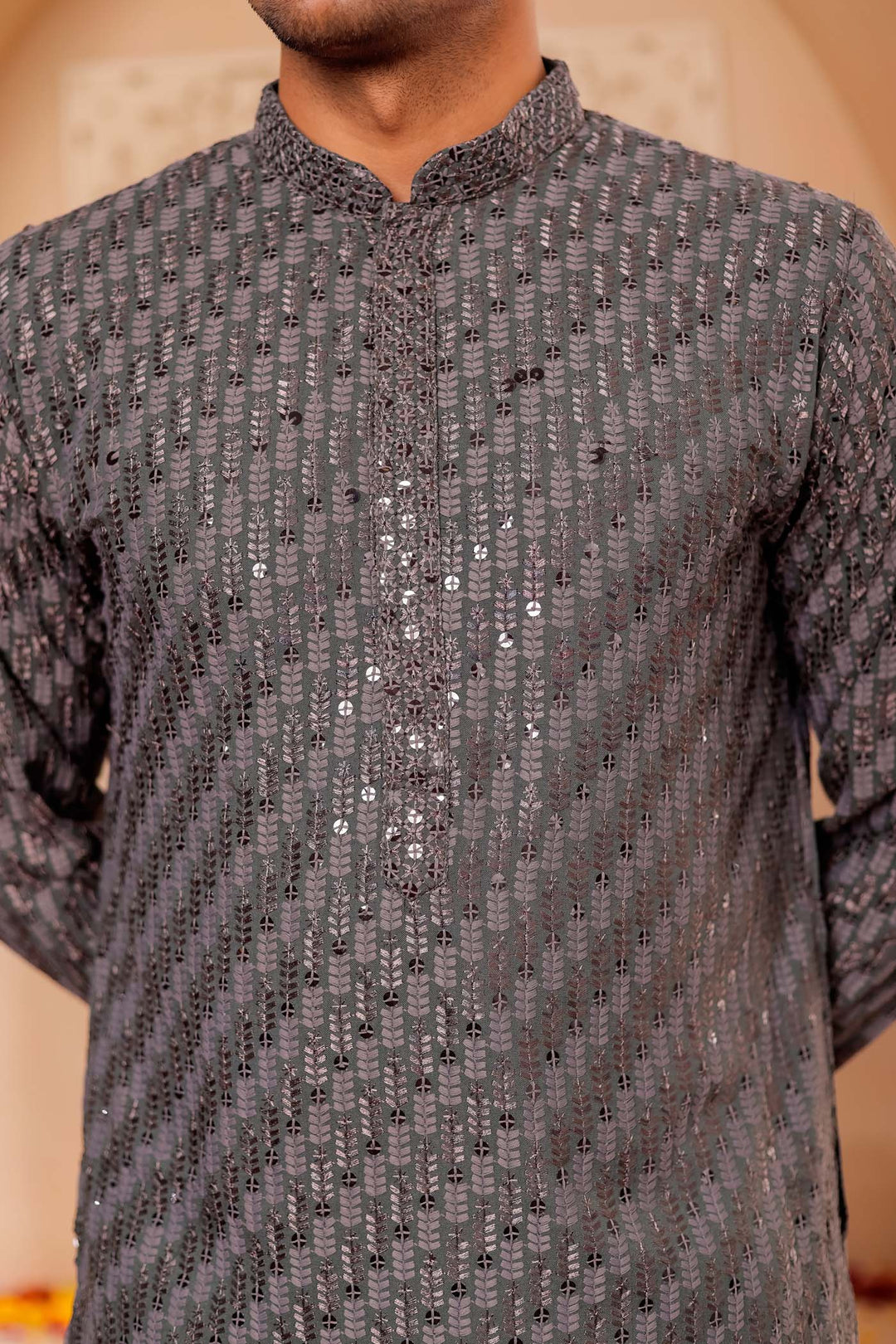 Grey Chikankari Embroidered Kurta Suit with Sequin.