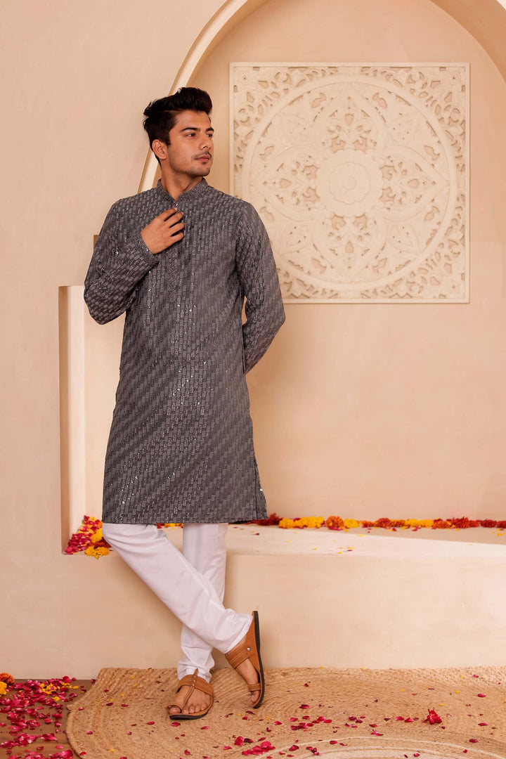 Grey Chikankari Embroidered Kurta Suit with Sequin.