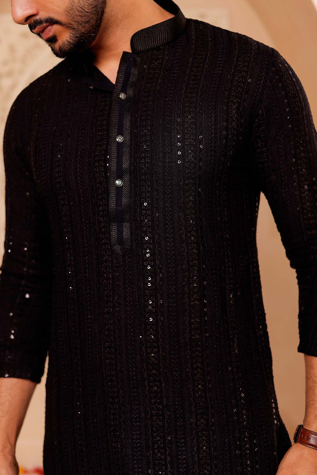 Black Lucknowi Chikankari Embroidered Kurta Suit with Sequin..