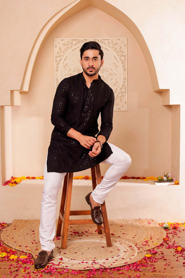 Black Lucknowi Chikankari Embroidered Kurta Suit with Sequin..