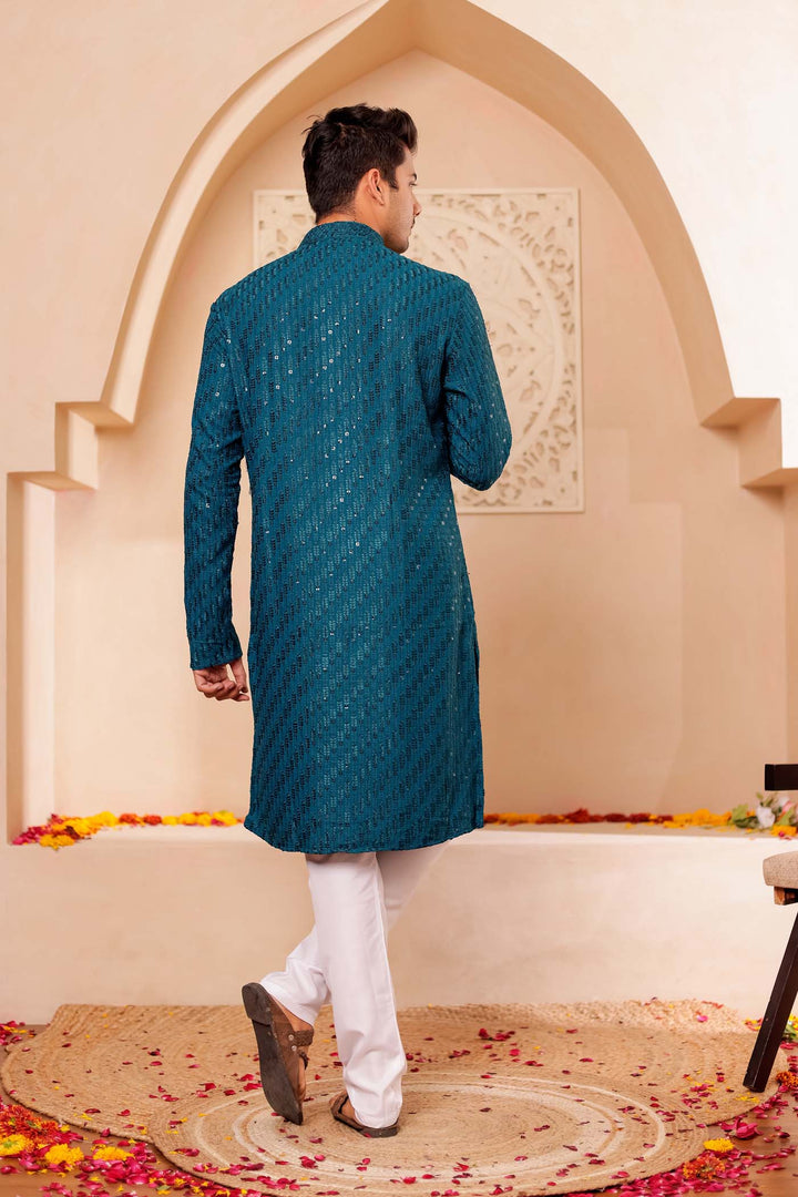 Teal Chikankari Embroidered Kurta Suit with Sequin.