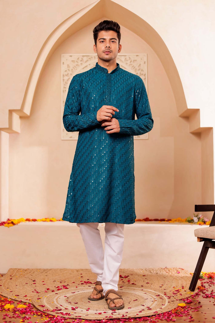 Teal Chikankari Embroidered Kurta Suit with Sequin.