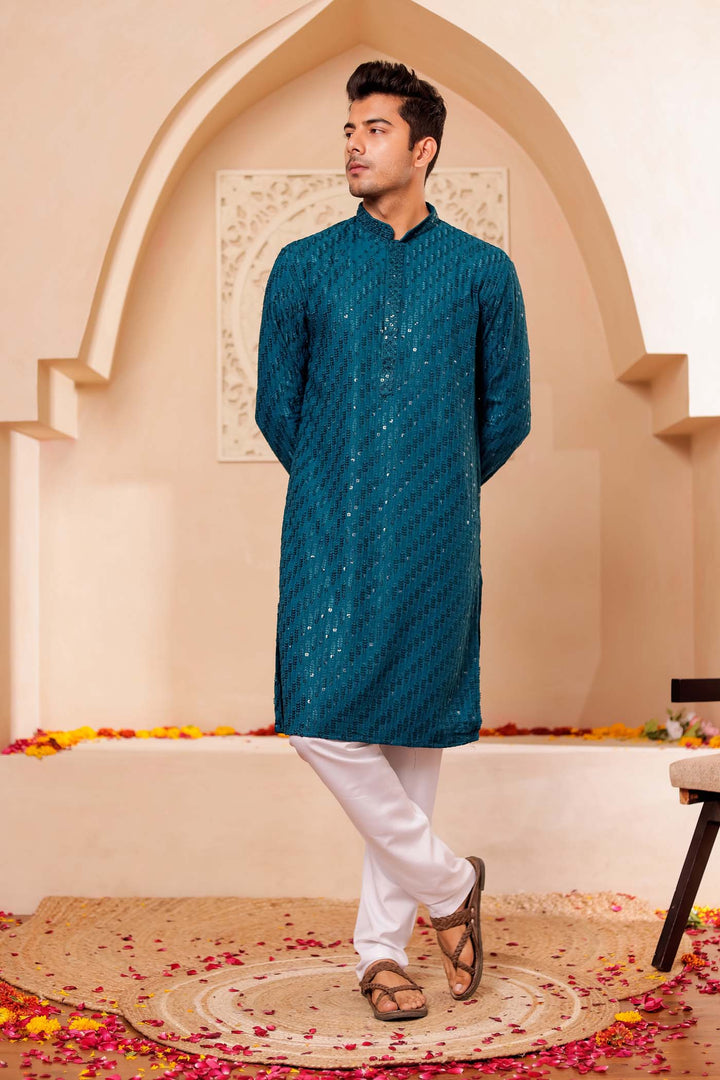 Teal Chikankari Embroidered Kurta Suit with Sequin.
