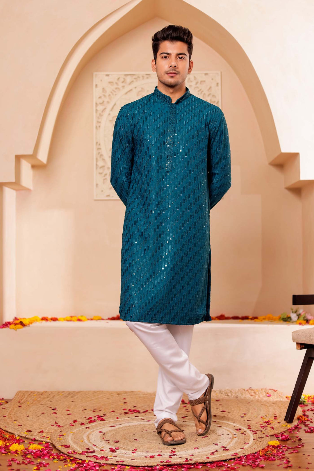 Teal Chikankari Embroidered Kurta Suit with Sequin.