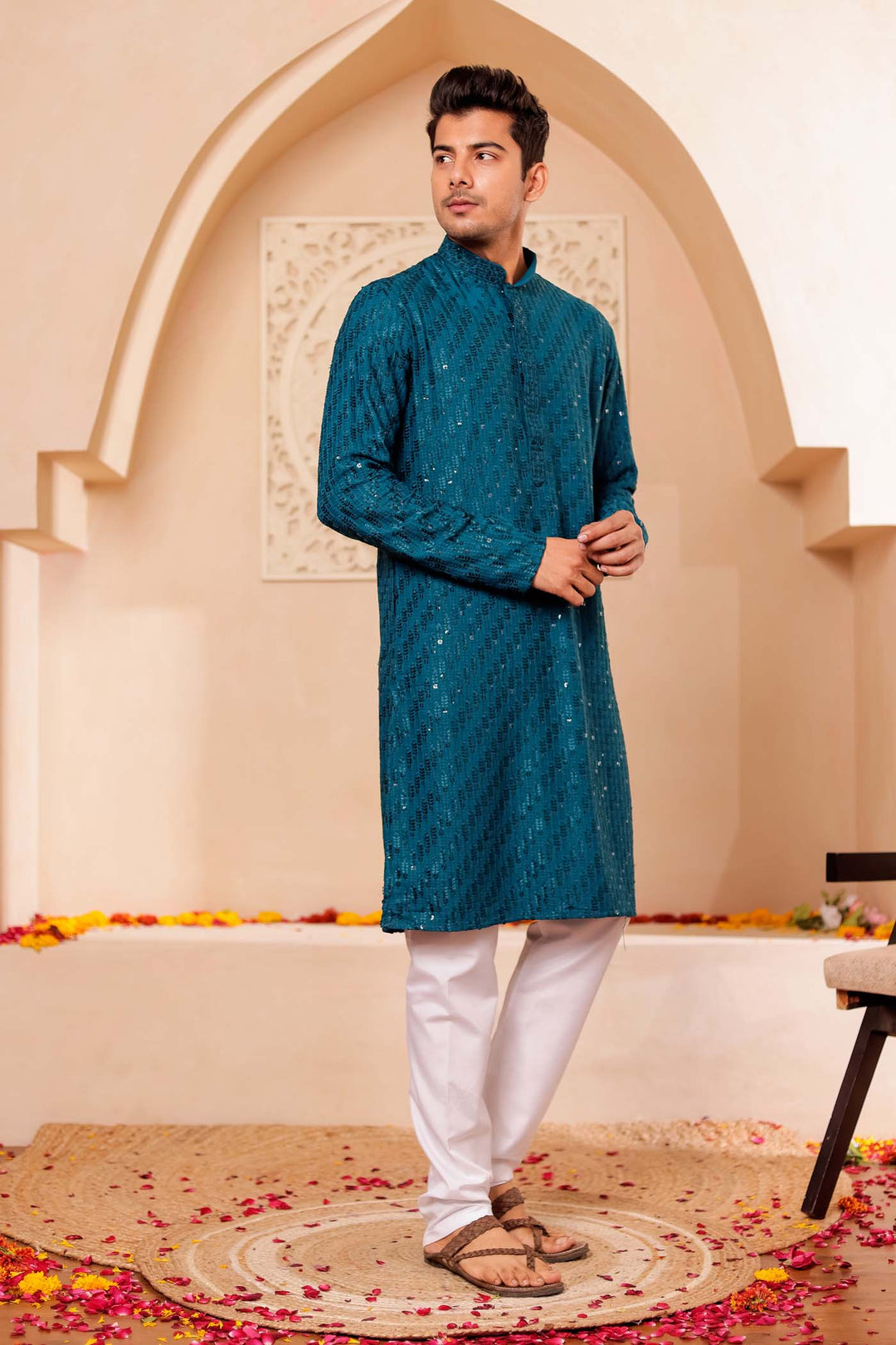 Teal Chikankari Embroidered Kurta Suit with Sequin.