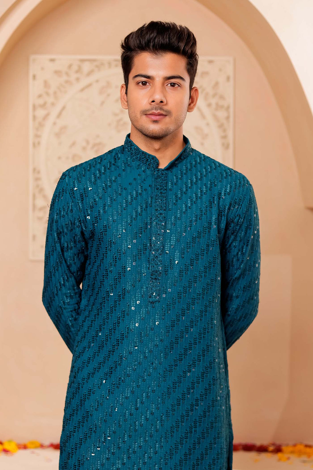 Teal Chikankari Embroidered Kurta Suit with Sequin.