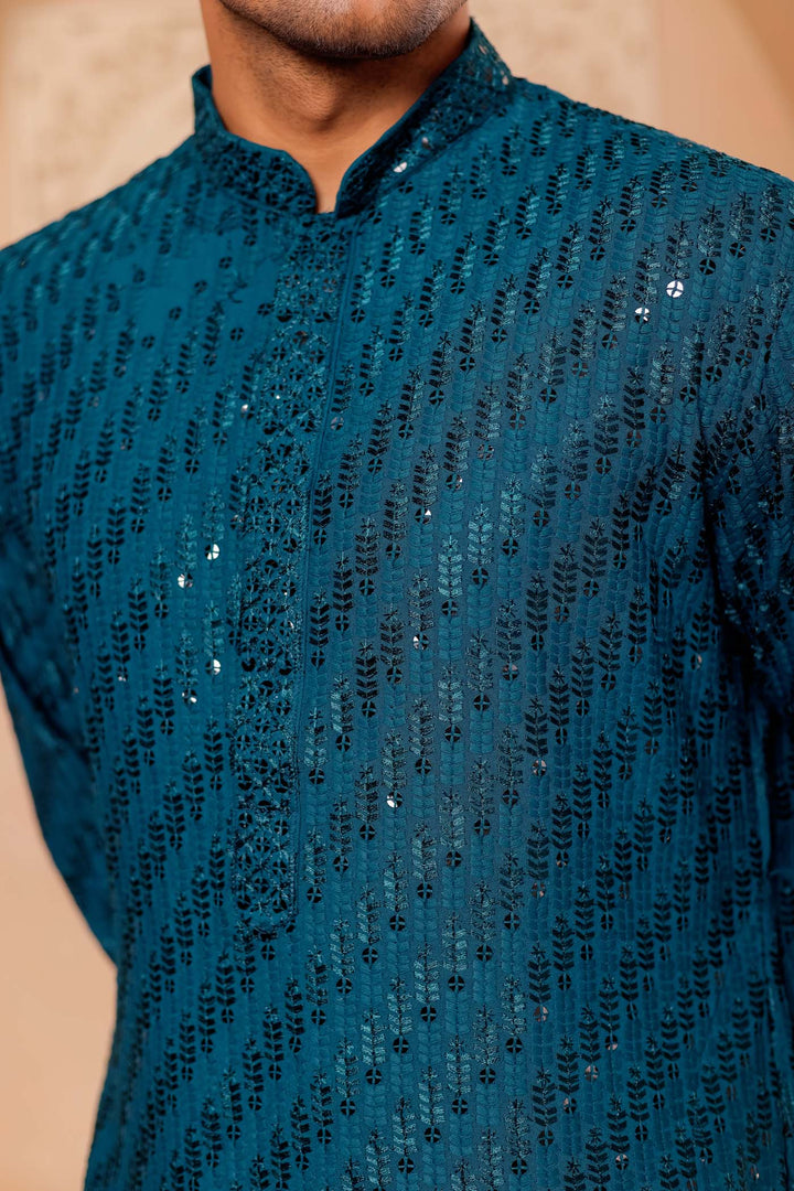 Teal Chikankari Embroidered Kurta Suit with Sequin.