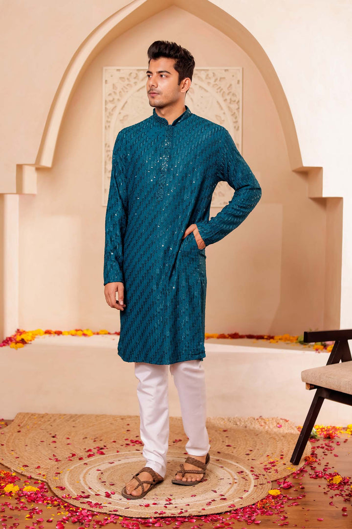 Teal Chikankari Embroidered Kurta Suit with Sequin.