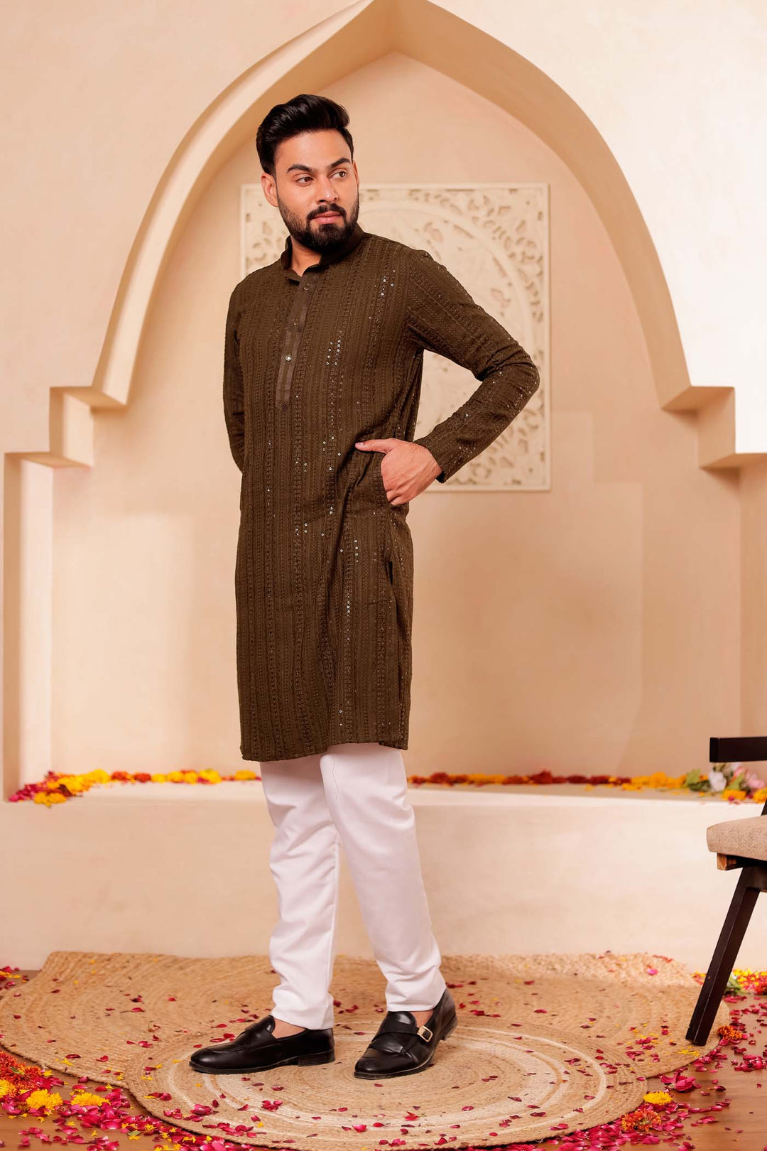 Mehndi Green Chikankari Embroidered Kurta Suit.