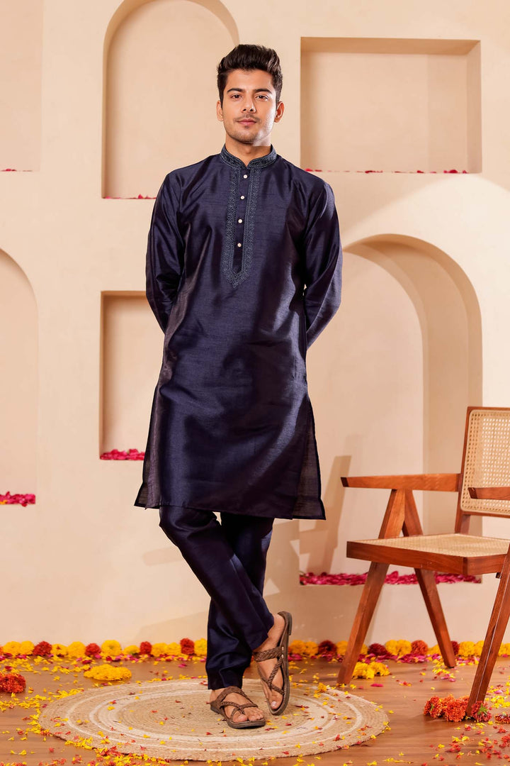 Navy Blue Raw Silk Kurta Suit with Intricate work on neckline.
