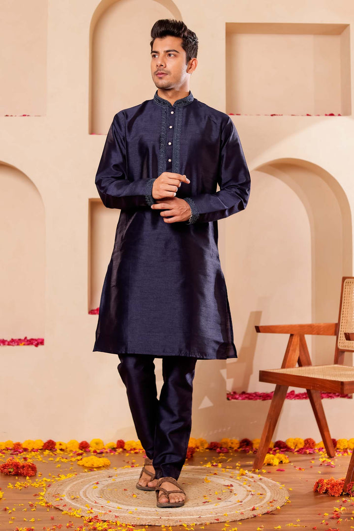 Navy Blue Raw Silk Kurta Suit with Intricate work on neckline.