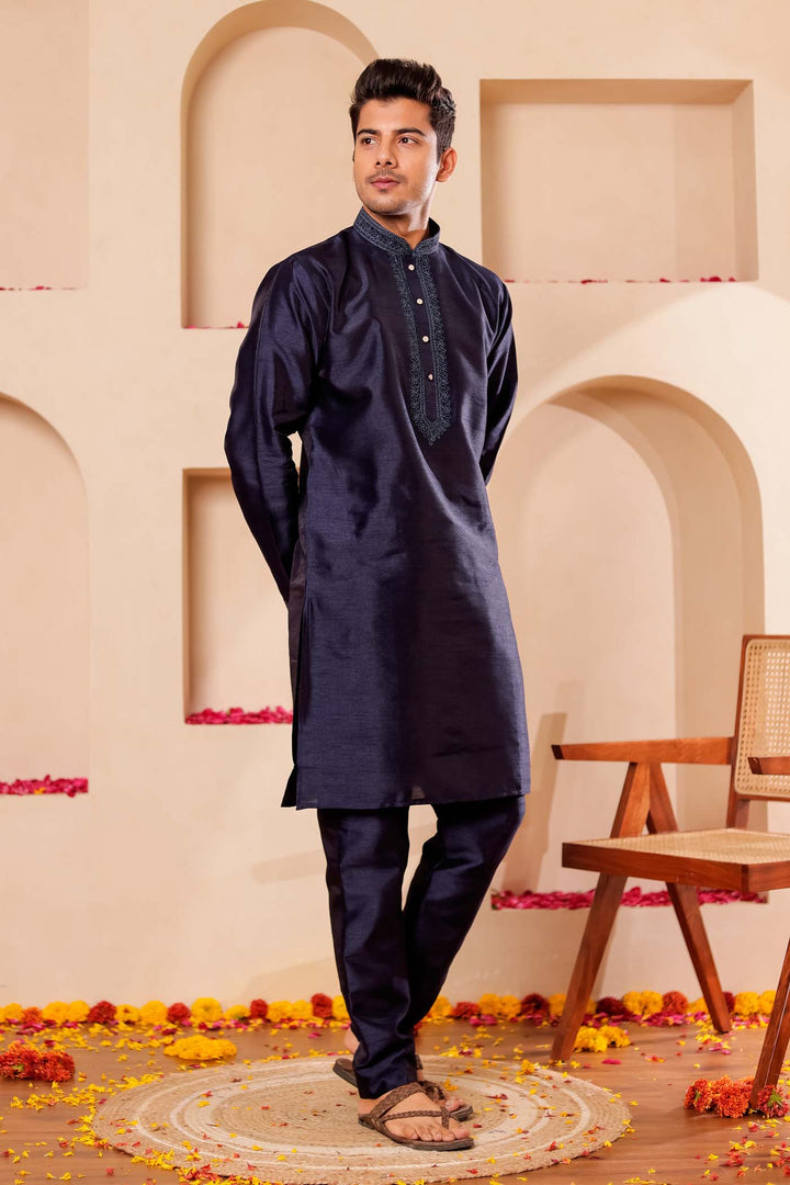 Navy Blue Raw Silk Kurta Suit with Intricate work on neckline.