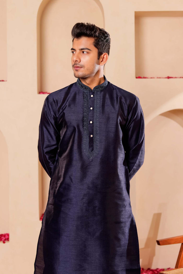 Navy Blue Raw Silk Kurta Suit with Intricate work on neckline.